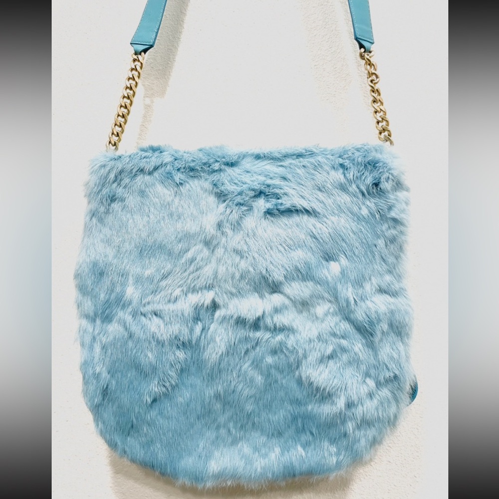 NWT Juicy Couture Vintage Y2K Baby Blue Rabbit Fur Leather Gold Chain Crossbody